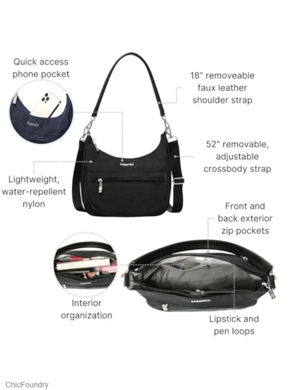 Water-Resistant Nylon Crossbody Convertible Shoulder Bag with Removable Straps